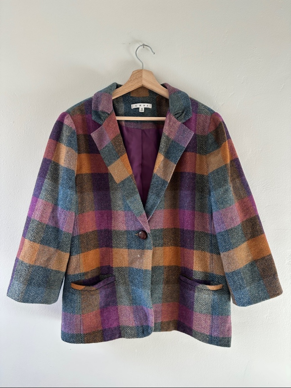 CAbi Plaid Single-Button Blazer in Purple, Brown and Blue